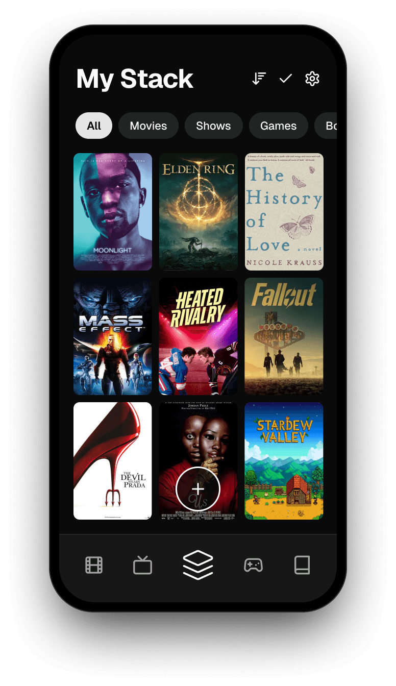 The Stack app: a My Stack screen with filter chips and a grid of movie, show, game and book covers.