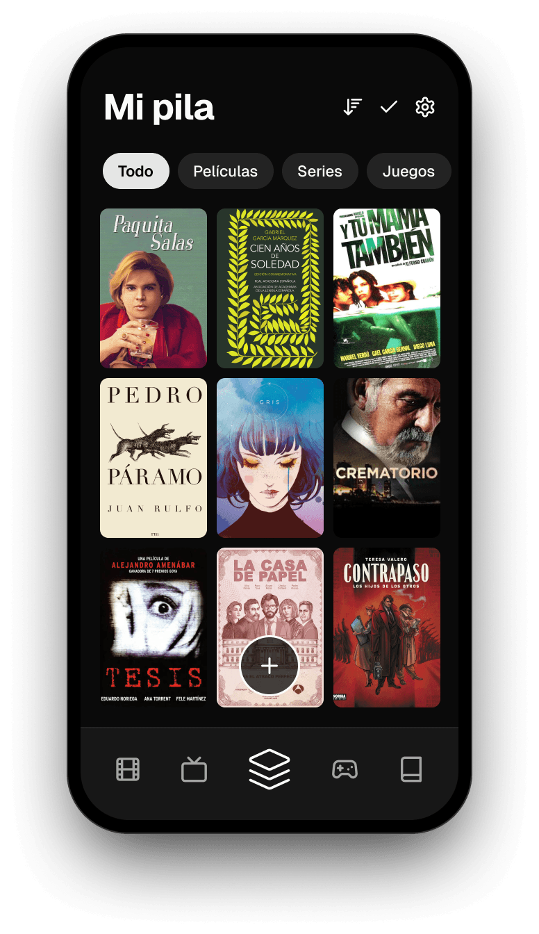 La app La Pila: la pantalla Mi pila con filtros y una cuadrícula de portadas de películas, series, juegos y libros.